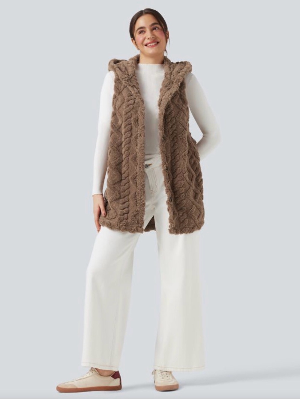 HALARA Cable Knit Sherpa Button-Up Hooded Vest NWOT